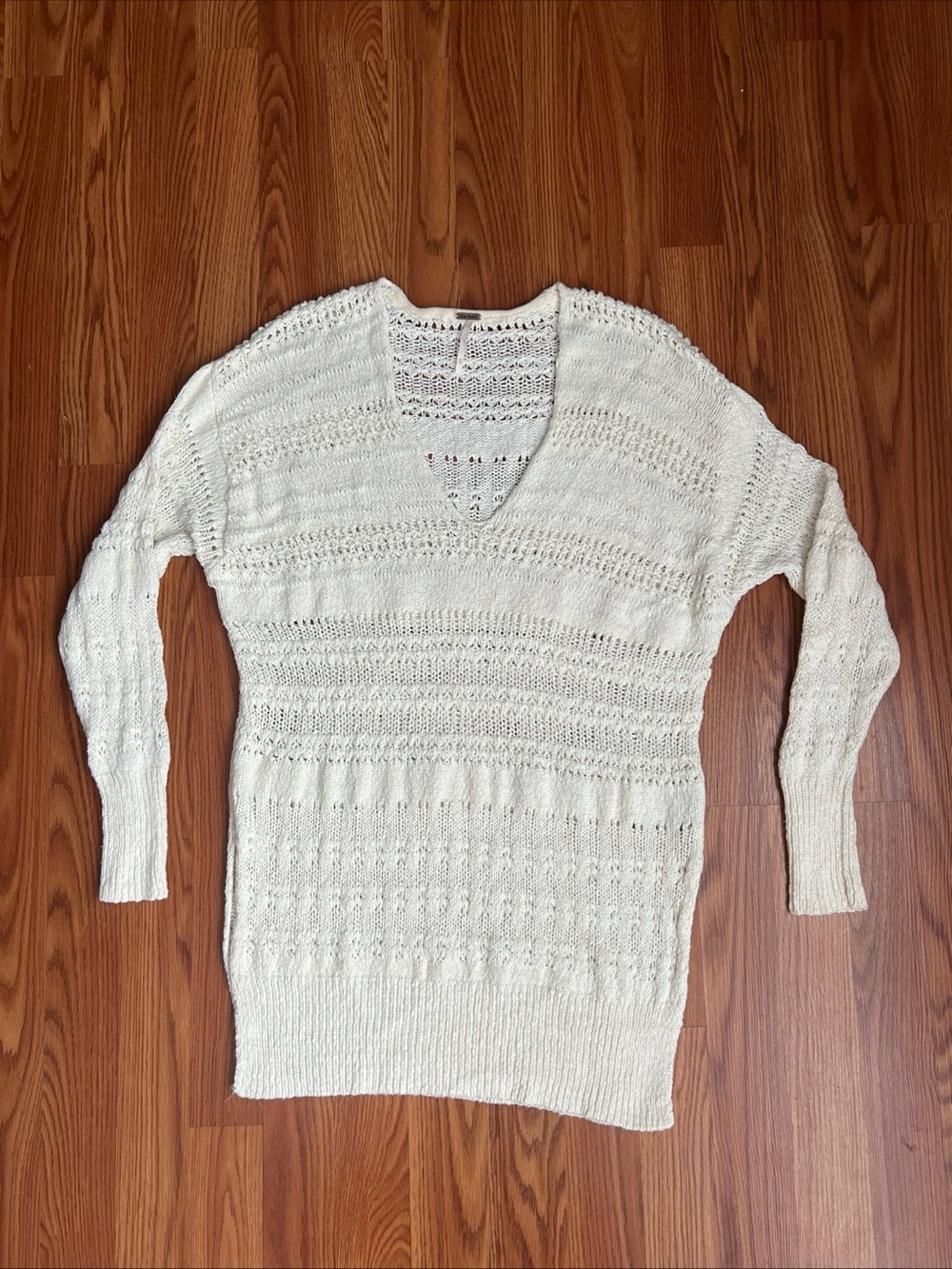 Free People Cream Open-Weave V-Neck Sweater